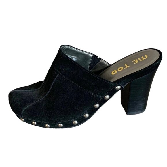 ME TOO Black Suede Leather Studded Platform Heeled Women's Clogs Mules Size 8M - Picture 3 of 9